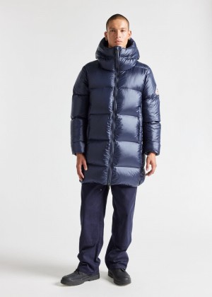 Men Pyrenex Anton Long Down Jackets Navy | HEW058W7801