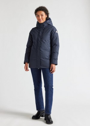 Women Pyrenex Charlotte Hooded Mid-length Down Coats Navy | HNO632O7028