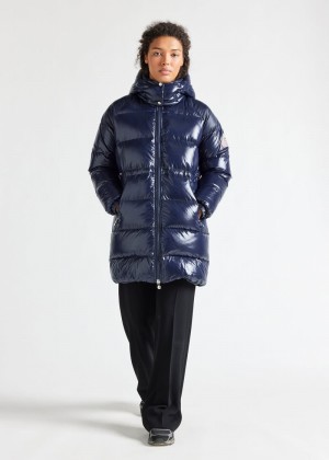 Women Pyrenex Fusion Shiny Hooded Down Coats Navy | HND990D0326