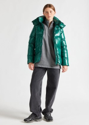 Women Pyrenex Galactic Shiny Hooded Down Jackets Green | HMS903S1637