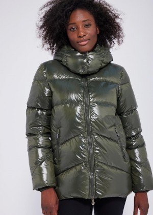 Women Pyrenex Galactic Shiny Hooded Down Jackets Green | HRX531X7094