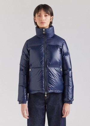 Women Pyrenex Goldin Short And Shiny Down Jackets Navy | HVY383Y7392