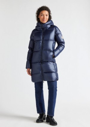 Women Pyrenex Tamara Long Hooded Down Coats Navy | HGD315D4504