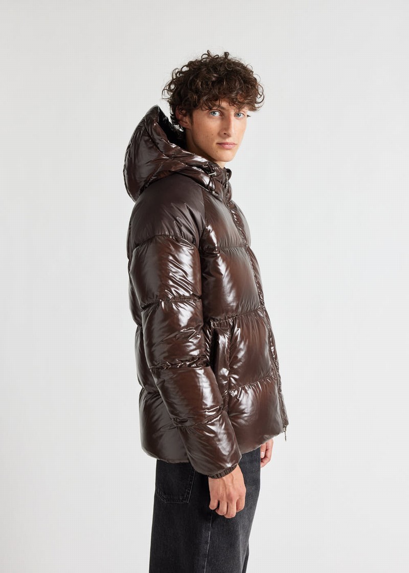 Men Pyrenex Sten Hooded Down Jackets Chocolate | HTE375E0769