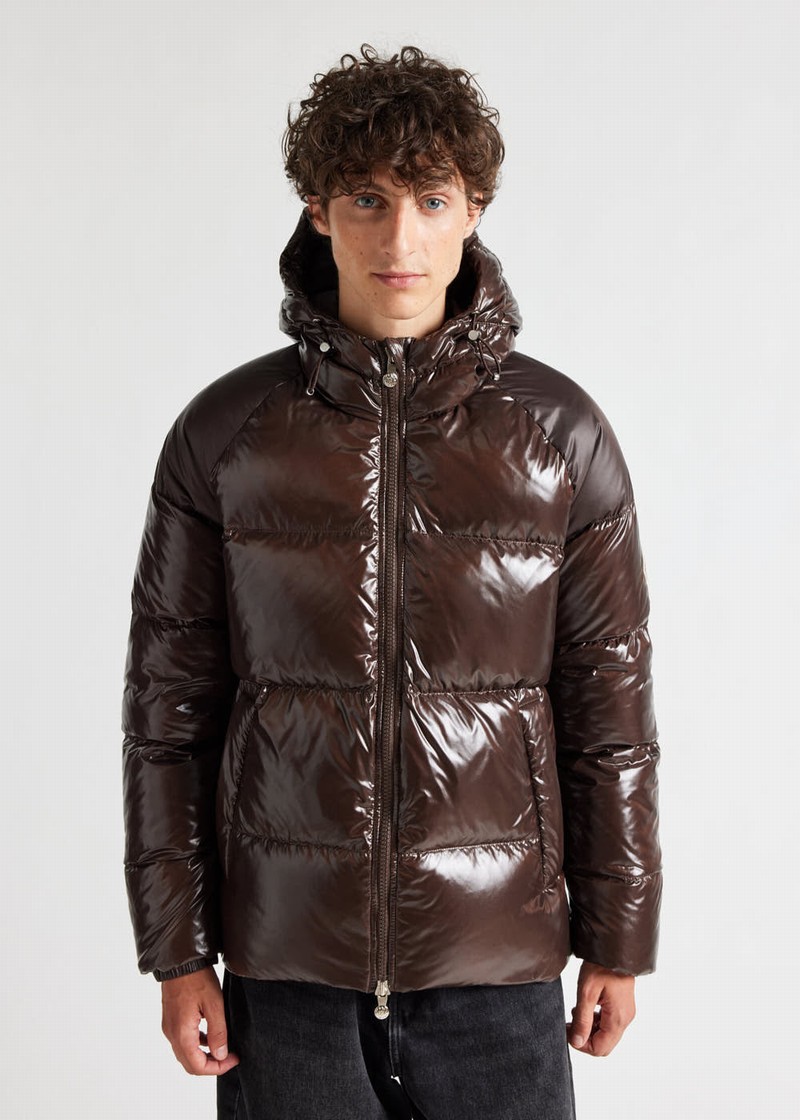 Men Pyrenex Sten Hooded Down Jackets Chocolate | HTE375E0769