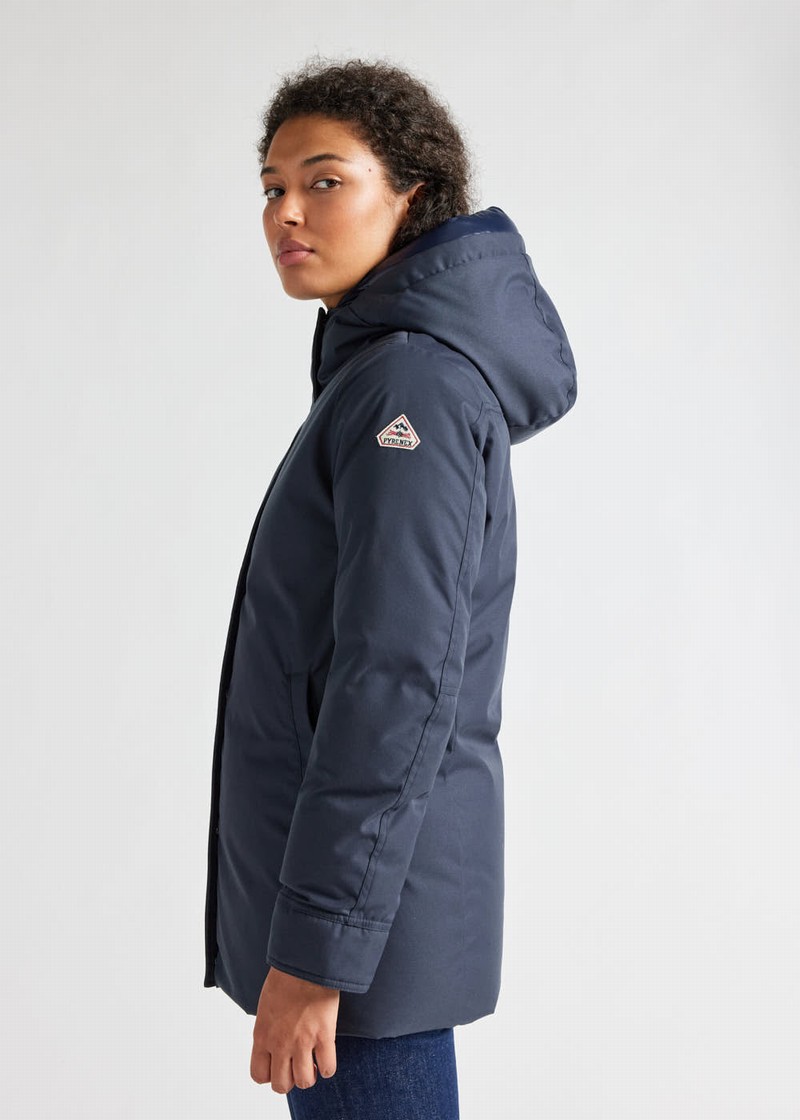 Women Pyrenex Charlotte Hooded Mid-length Down Coats Navy | HNO632O7028