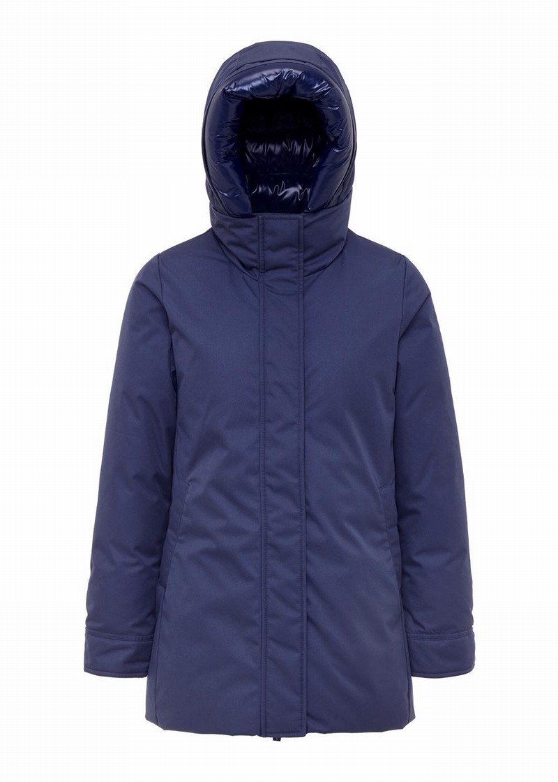 Women Pyrenex Charlotte Hooded Mid-length Down Coats Navy | HNO632O7028