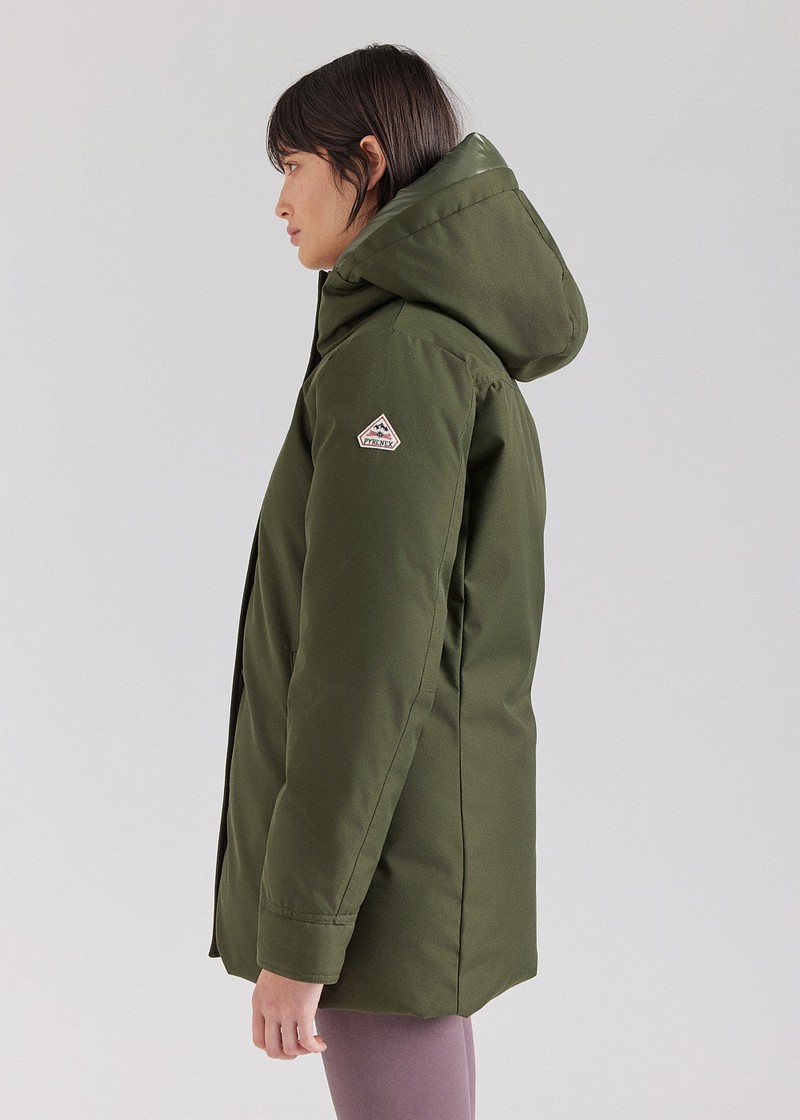 Women Pyrenex Charlotte Hooded Mid-length Down Coats Green | HTO461O5655