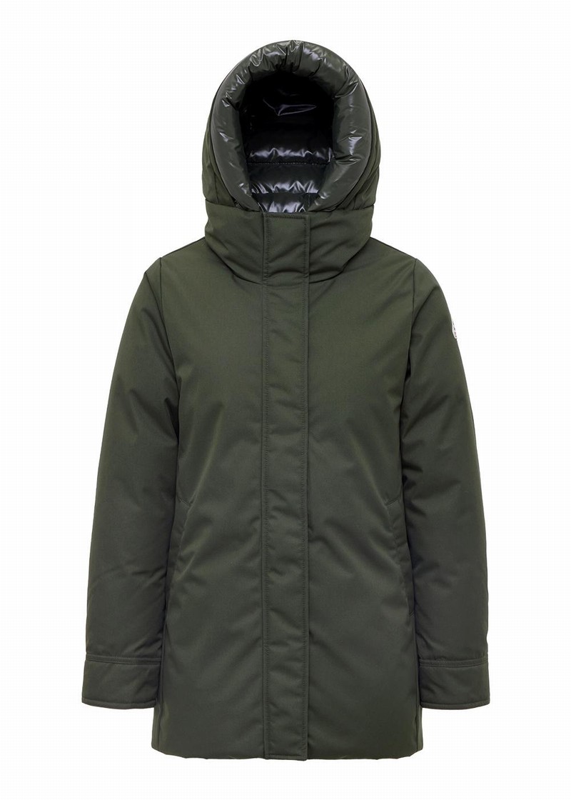 Women Pyrenex Charlotte Hooded Mid-length Down Coats Green | HTO461O5655