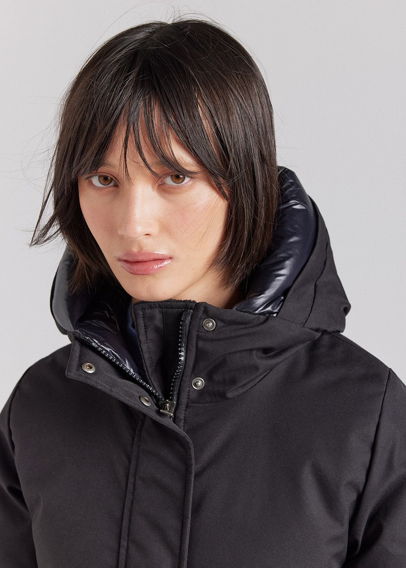 Women Pyrenex Charlotte Hooded Mid-length Down Coats Black | HZC414C2047