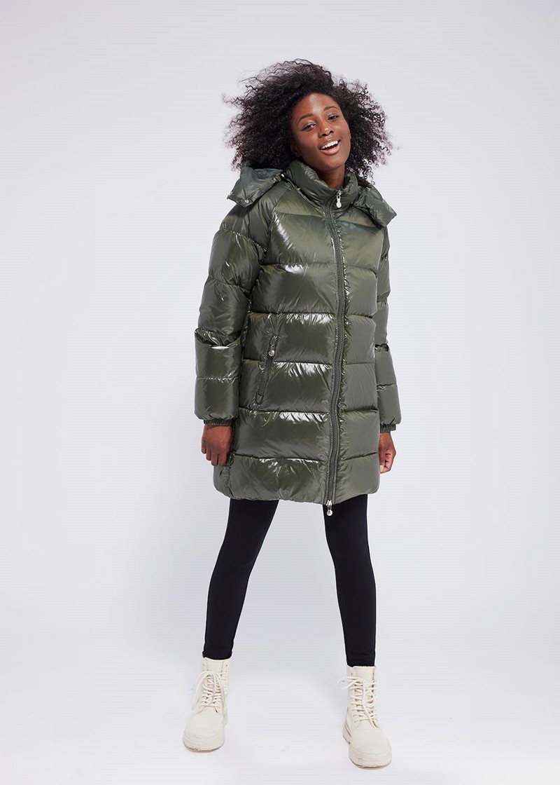 Women Pyrenex Fusion Shiny Hooded Down Coats Green | HUA530A1233