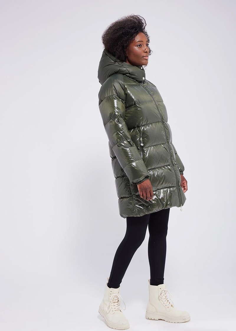 Women Pyrenex Fusion Shiny Hooded Down Coats Green | HUA530A1233