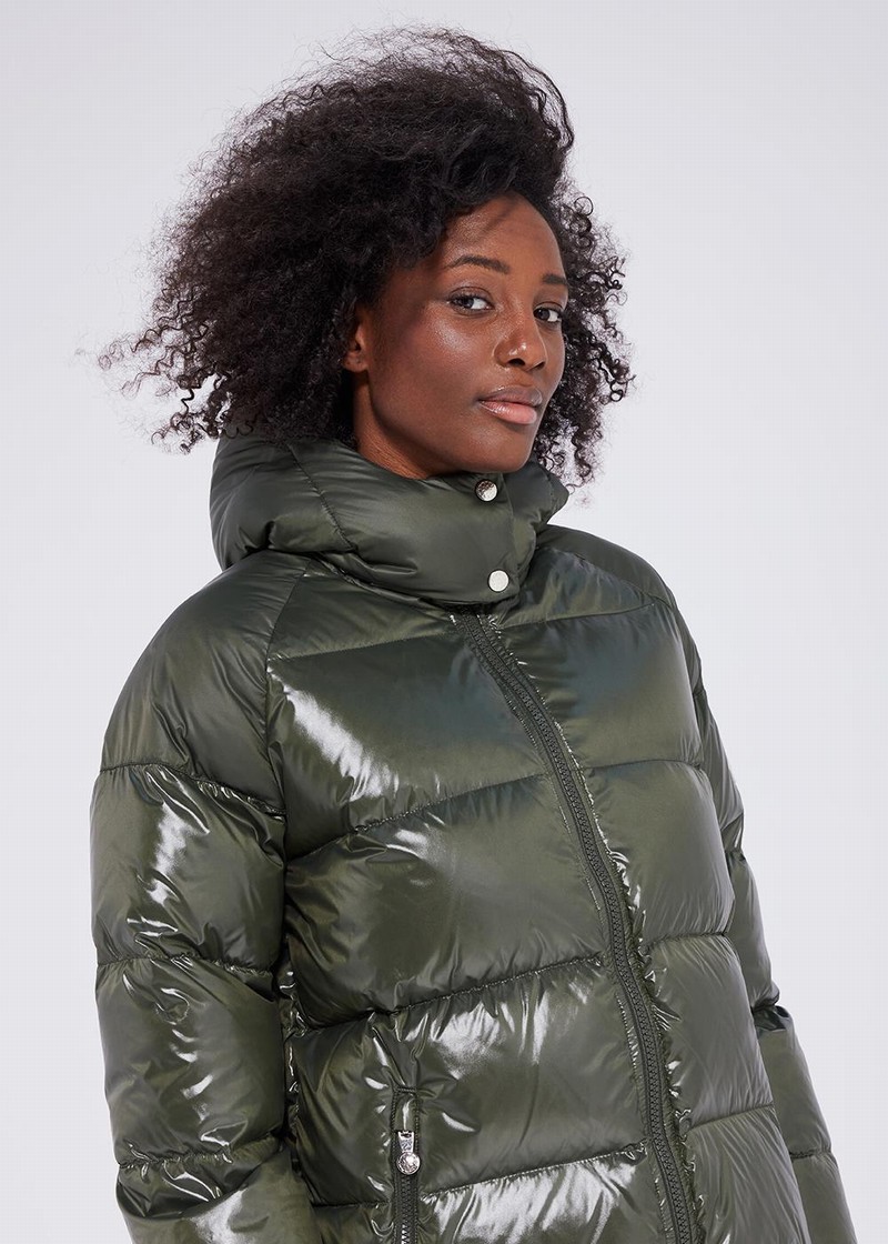 Women Pyrenex Fusion Shiny Hooded Down Coats Green | HUA530A1233