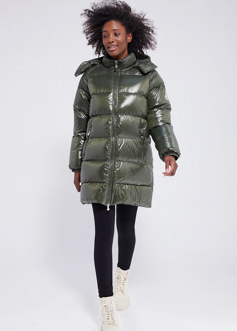 Women Pyrenex Fusion Shiny Hooded Down Coats Green | HUA530A1233