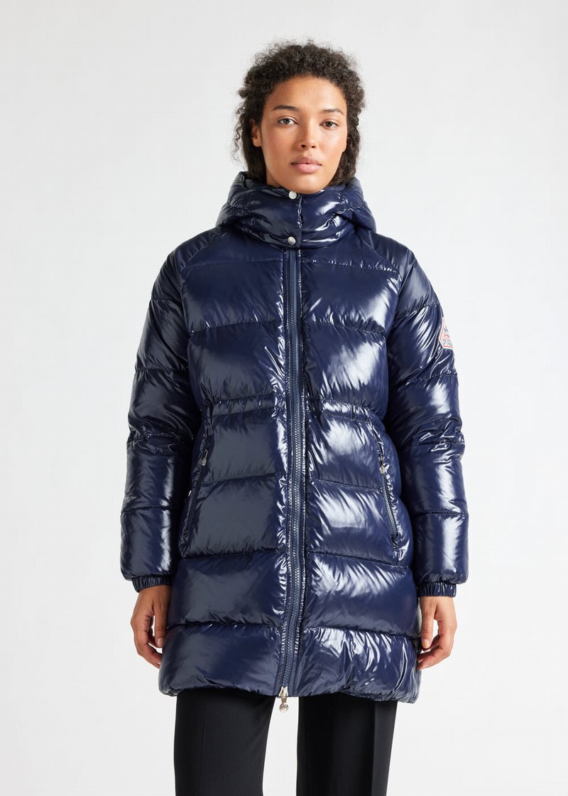 Women Pyrenex Fusion Shiny Hooded Down Coats Navy | HND990D0326