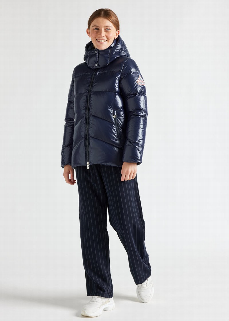 Women Pyrenex Galactic Shiny Hooded Down Jackets Navy | HON587N1845