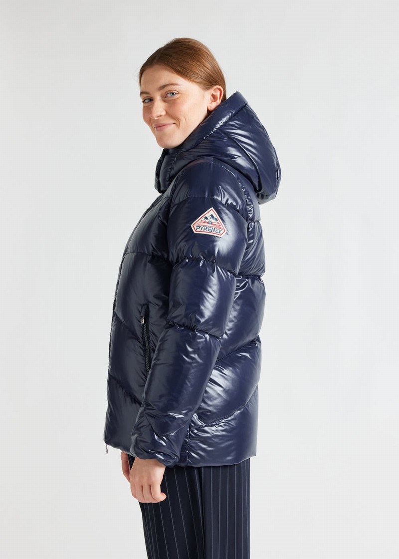 Women Pyrenex Galactic Shiny Hooded Down Jackets Navy | HON587N1845