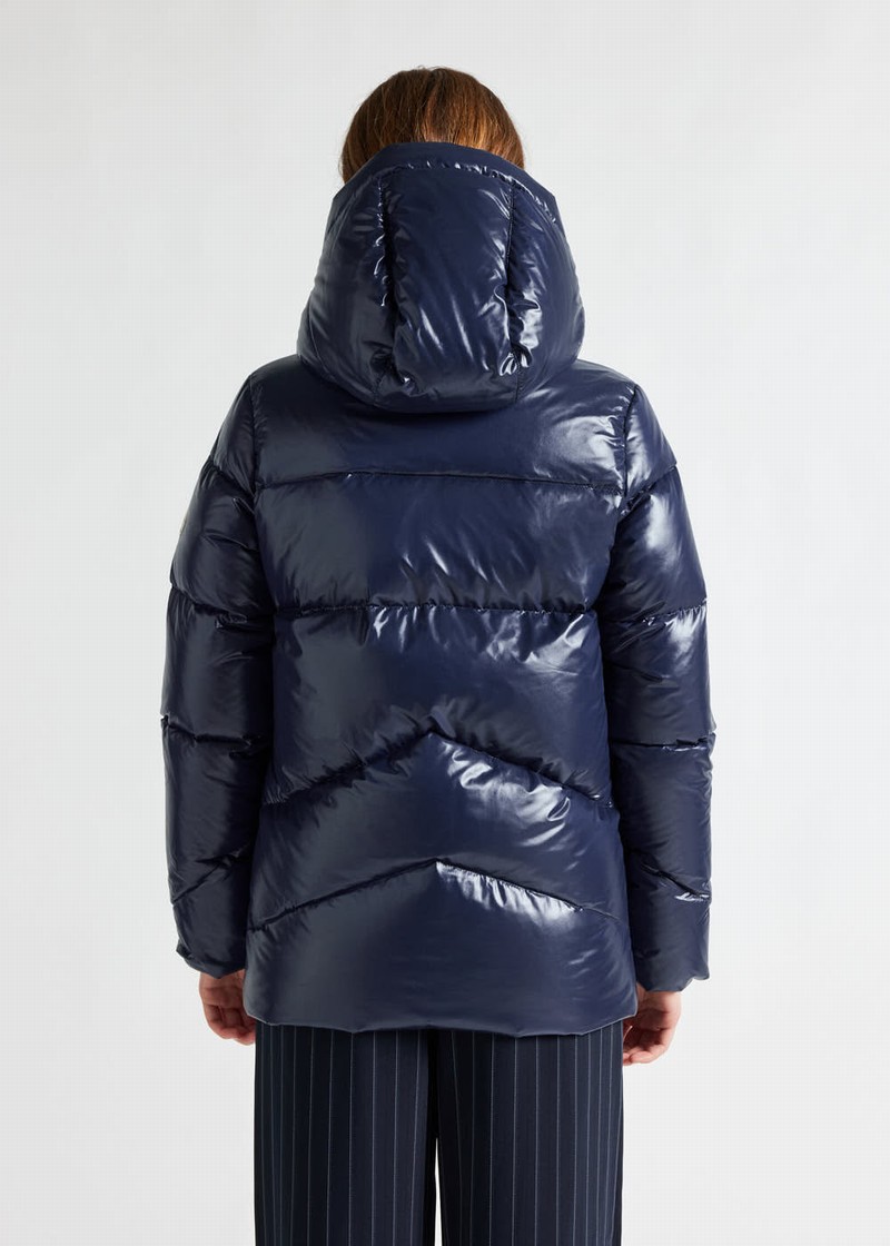 Women Pyrenex Galactic Shiny Hooded Down Jackets Navy | HON587N1845