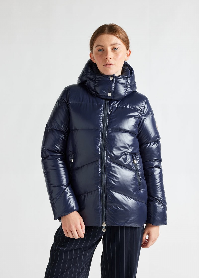 Women Pyrenex Galactic Shiny Hooded Down Jackets Navy | HON587N1845