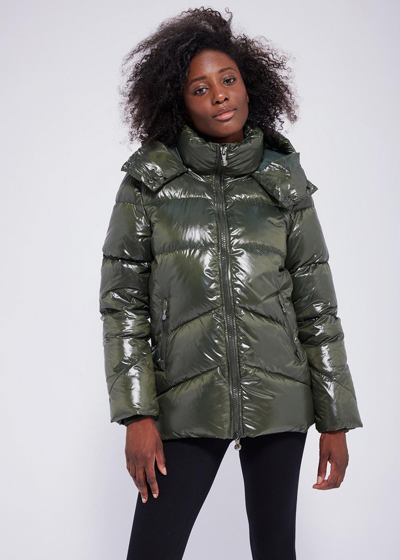 Women Pyrenex Galactic Shiny Hooded Down Jackets Green | HRX531X7094