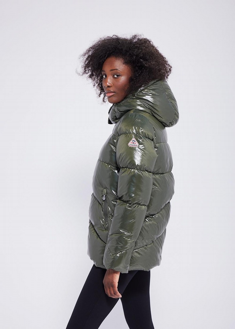 Women Pyrenex Galactic Shiny Hooded Down Jackets Green | HRX531X7094