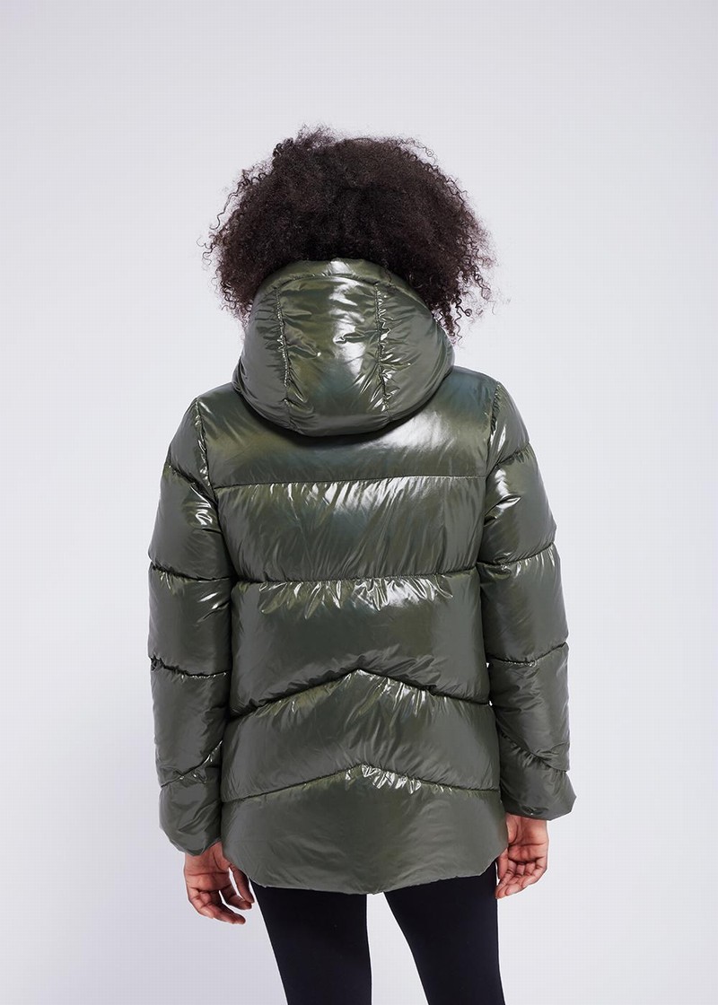 Women Pyrenex Galactic Shiny Hooded Down Jackets Green | HRX531X7094