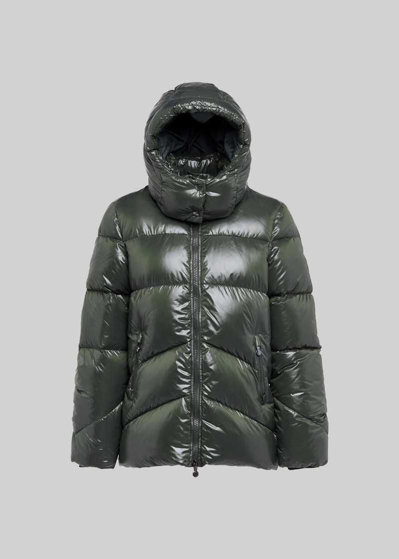 Women Pyrenex Galactic Shiny Hooded Down Jackets Green | HRX531X7094