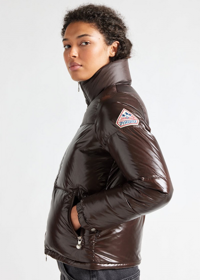 Women Pyrenex Goldin Short And Shiny Down Jackets Chocolate | HLB418B2220