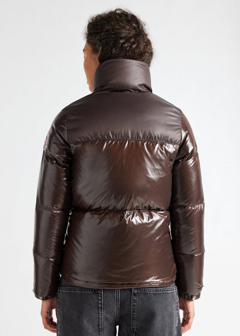 Women Pyrenex Goldin Short And Shiny Down Jackets Chocolate | HLB418B2220