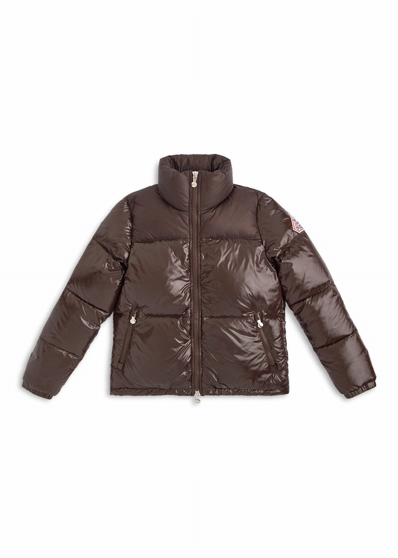 Women Pyrenex Goldin Short And Shiny Down Jackets Chocolate | HLB418B2220