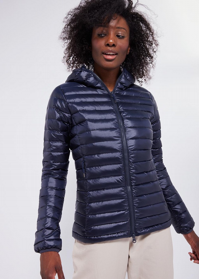 Women Pyrenex Masha Hooded Light Down Jackets Navy | HXF835F9328