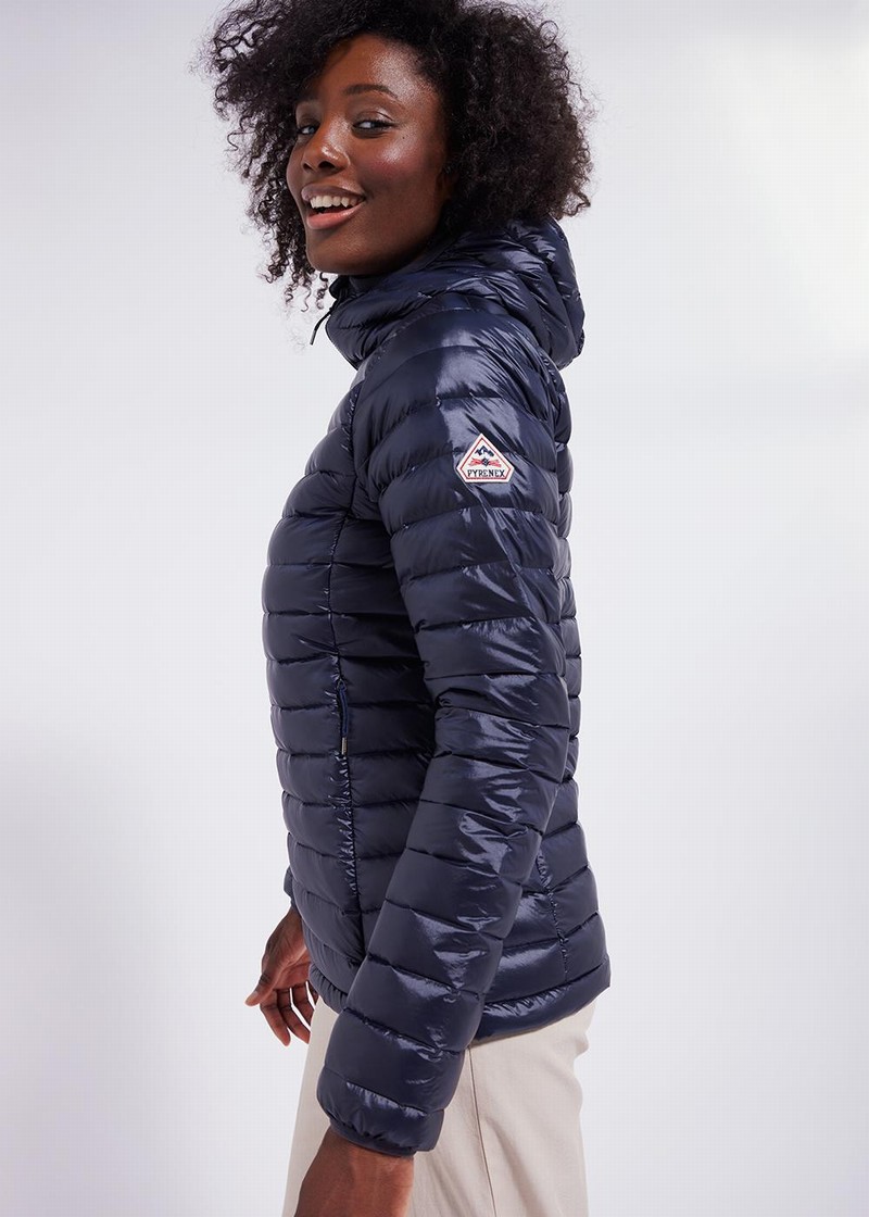 Women Pyrenex Masha Hooded Light Down Jackets Navy | HXF835F9328