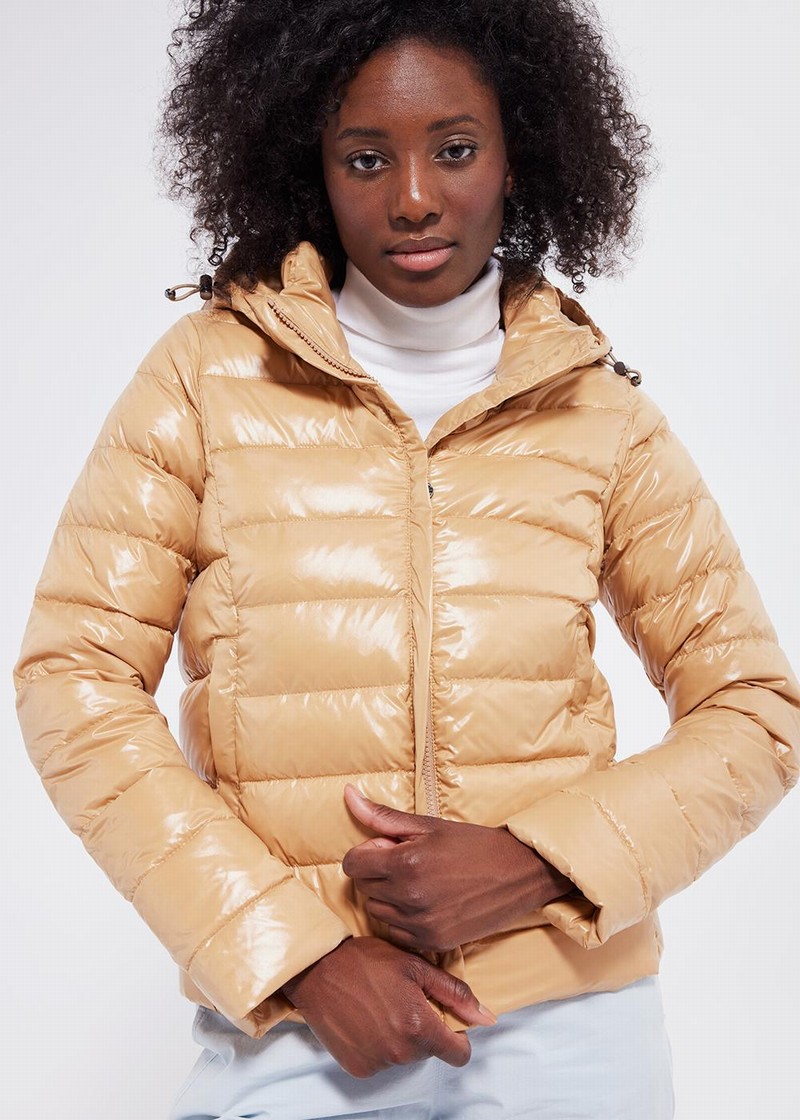 Women Pyrenex Spoutnic Shiny Hooded Down Jackets Coffee | HUJ009J0039