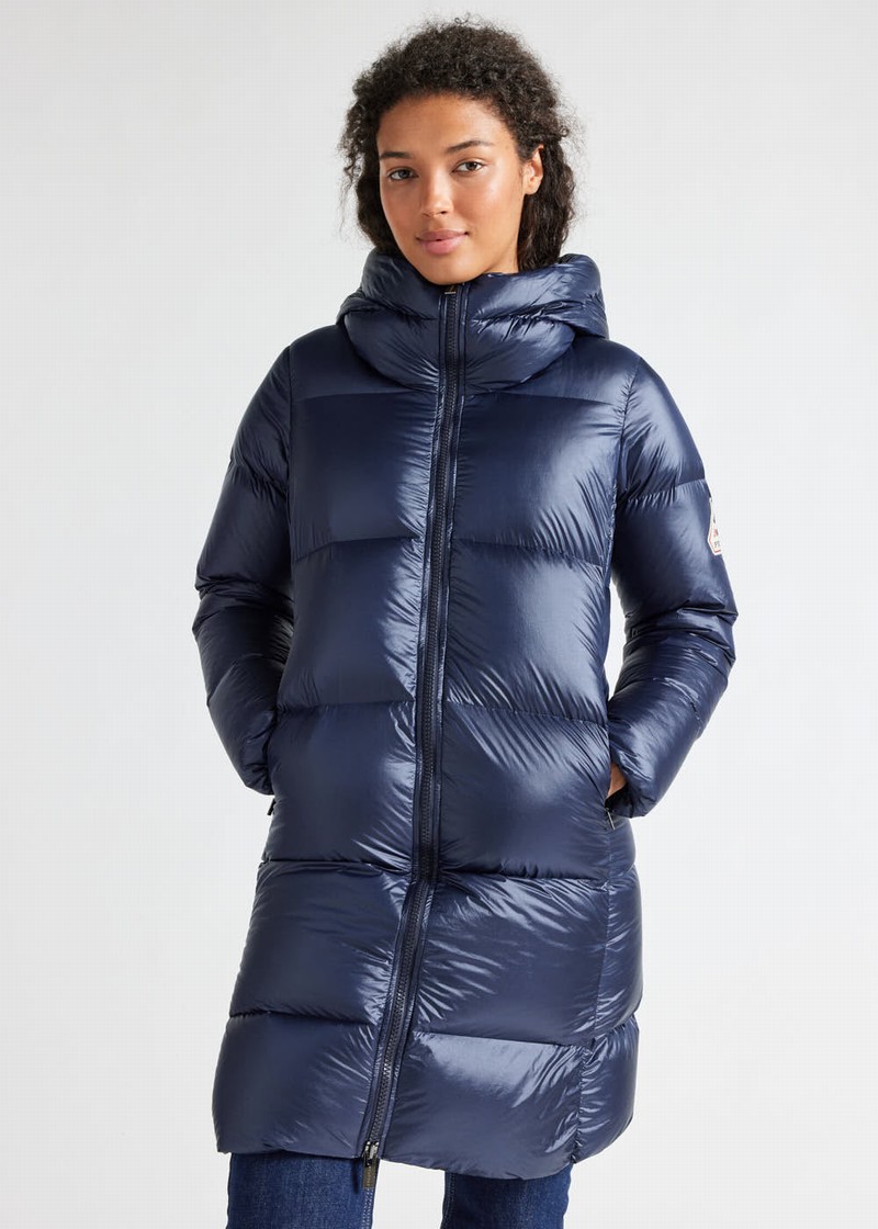 Women Pyrenex Tamara Long Hooded Down Coats Navy | HGD315D4504