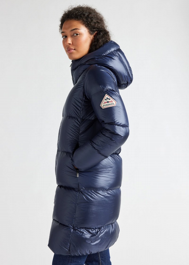 Women Pyrenex Tamara Long Hooded Down Coats Navy | HGD315D4504